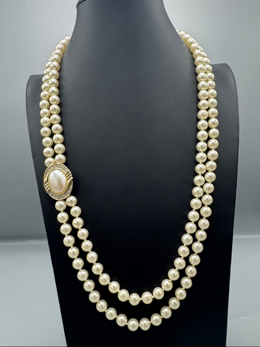 Classic Glass Double-Strand l Pearl Necklace with Gold Accent